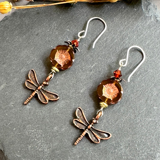 Czech Glass Topaz Hawaiian Bead and Copper Dragon Fly Earrings