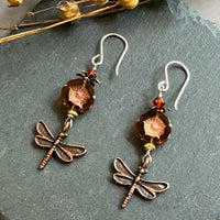Czech Glass Topaz Hawaiian Bead and Copper Dragon Fly Earrings