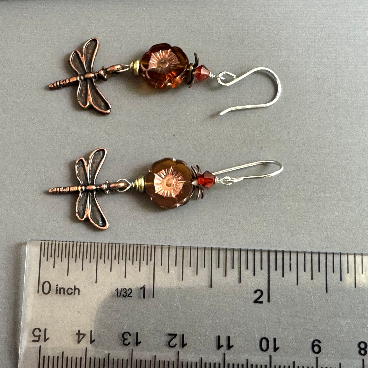 Czech Glass Topaz Hawaiian Bead and Copper Dragon Fly Earrings