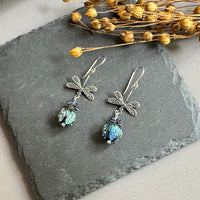 Navy Handmade Rosebud Lampwork Dragon Fly Earrings in Sterling Silver