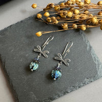 Navy Handmade Rosebud Lampwork Dragon Fly Earrings in Sterling Silver