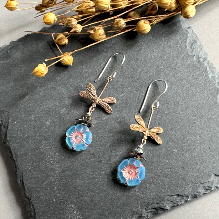 Czech Glass Light Blue Hibiscus Flower and Dragon Fly Earrings in Sterling Silver