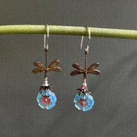 Czech Glass Light Blue Hibiscus Flower and Dragon Fly Earrings in Sterling Silver