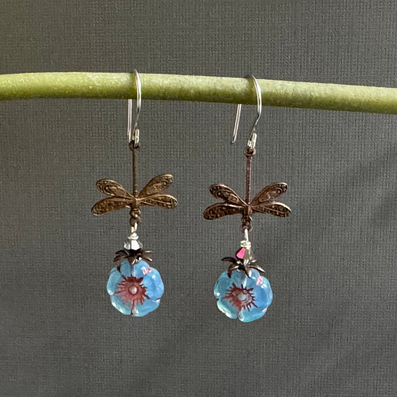 Czech Glass Light Blue Hibiscus Flower and Dragon Fly Earrings in Sterling Silver
