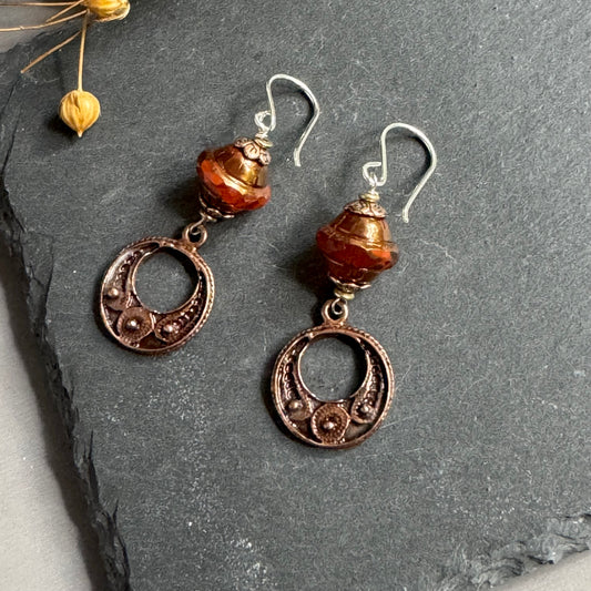 Czech Glass Pumpkin Saturn Earrings and Copper Moroccan Components in Sterling Silver