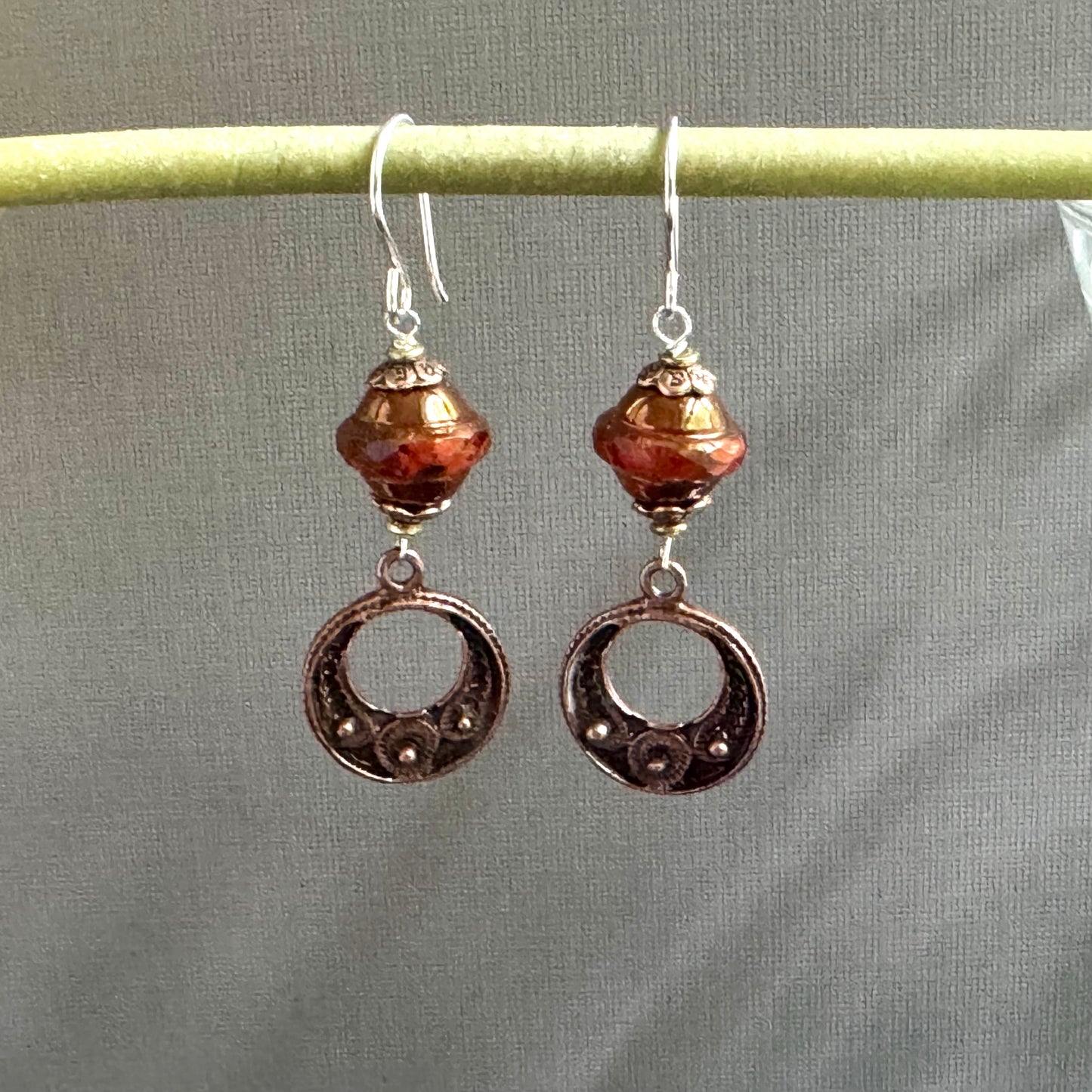 Czech Glass Pumpkin Saturn Earrings and Copper Moroccan Components in Sterling Silver