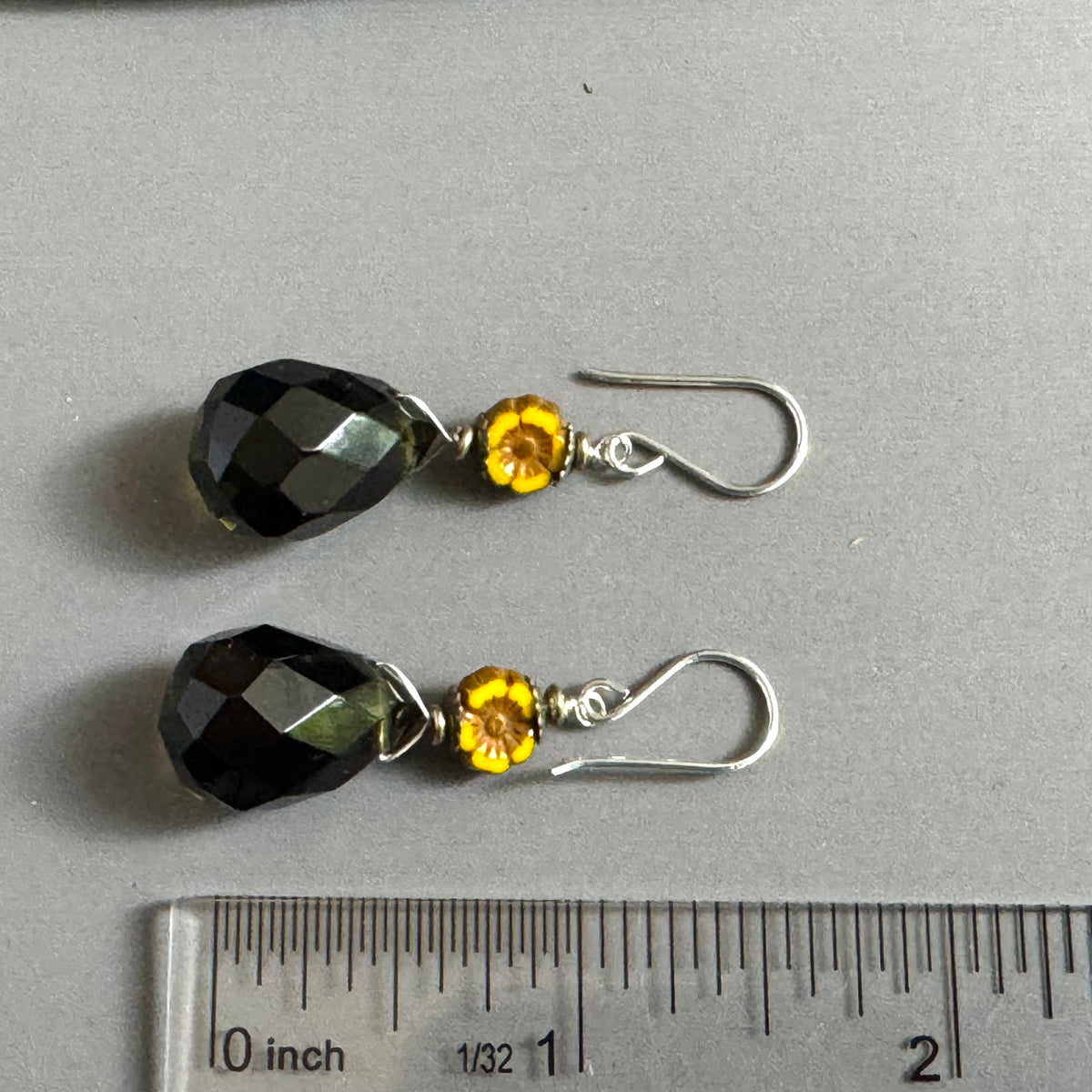 Smoky Quartz and Yellow Czech Glass Earrings in Sterling Silver
