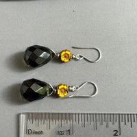 Smoky Quartz and Yellow Czech Glass Earrings in Sterling Silver