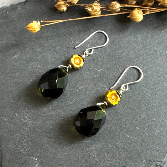 Smoky Quartz and Yellow Czech Glass Earrings in Sterling Silver