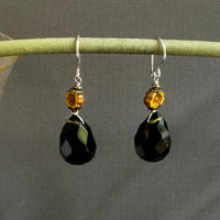 Smoky Quartz and Yellow Czech Glass Earrings in Sterling Silver