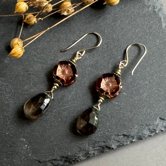 Czech Glass and Smoky Quartz Earrings in 14K Gold Fill