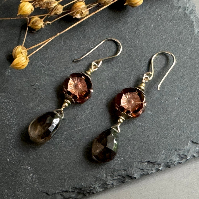 Czech Glass and Smoky Quartz Earrings in 14K Gold Fill