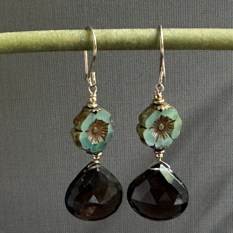 Czech Glass and Smoky Quartz Earrings in 14K Gold Fill