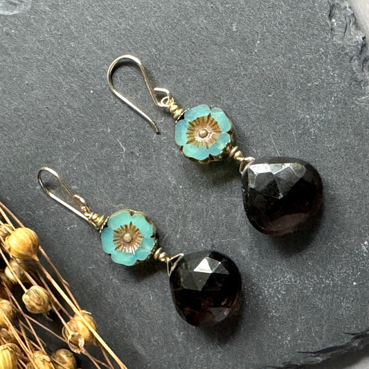 Czech Glass and Smoky Quartz Earrings in 14K Gold Fill