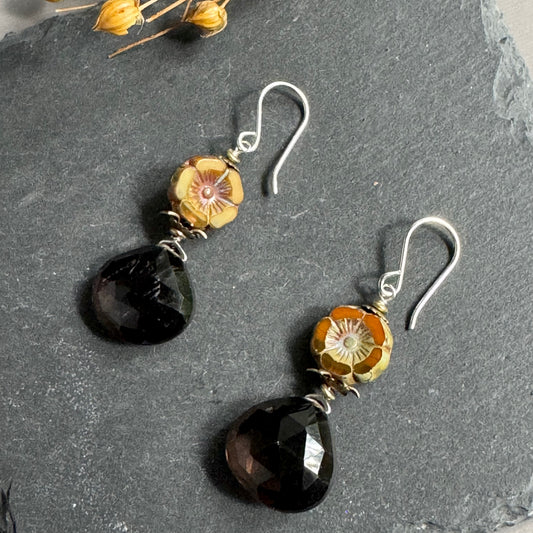 Huge Smoky Quartz and Brown Czech Glass Earrings in Sterling Silver