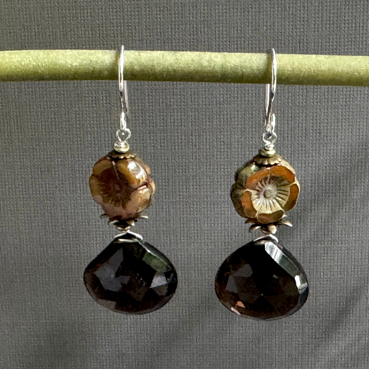 Huge Smoky Quartz and Brown Czech Glass Earrings in Sterling Silver