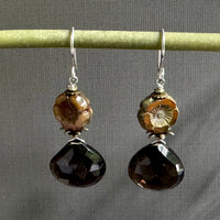 Huge Smoky Quartz and Brown Czech Glass Earrings in Sterling Silver