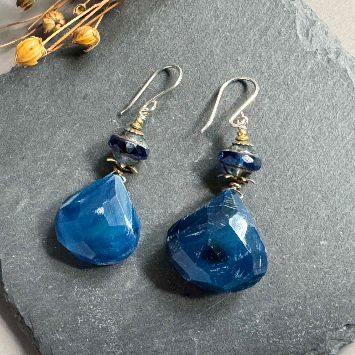 Huge Blue Quartz and Czech Blue Saturn Earrings in Sterling Silver