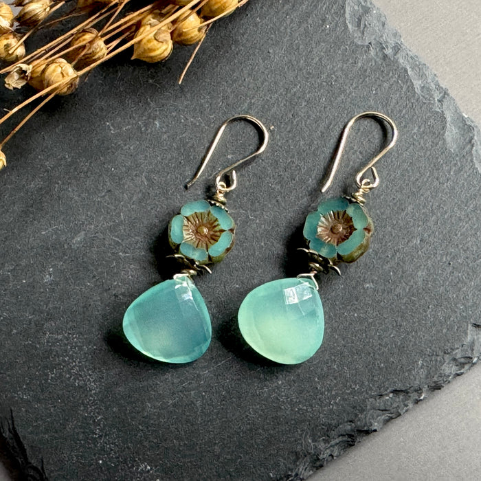 Sea Foam Green Chalcedony and Czech Glass Earrings in 14K Gold Fill