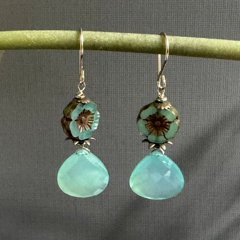 Sea Foam Green Chalcedony and Czech Glass Earrings in 14K Gold Fill