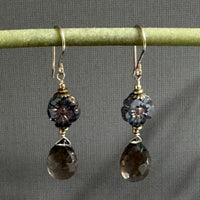 Blue Czech Glass Hibiscus and Smoky Quartz Earrings in 14K Gold Fill