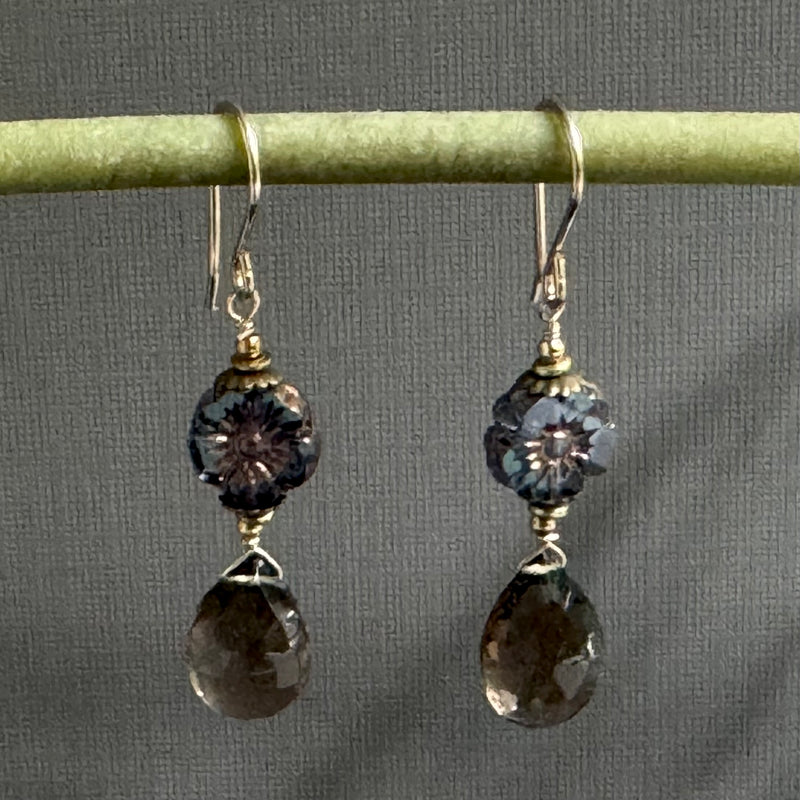 Blue Czech Glass Hibiscus and Smoky Quartz Earrings in 14K Gold Fill