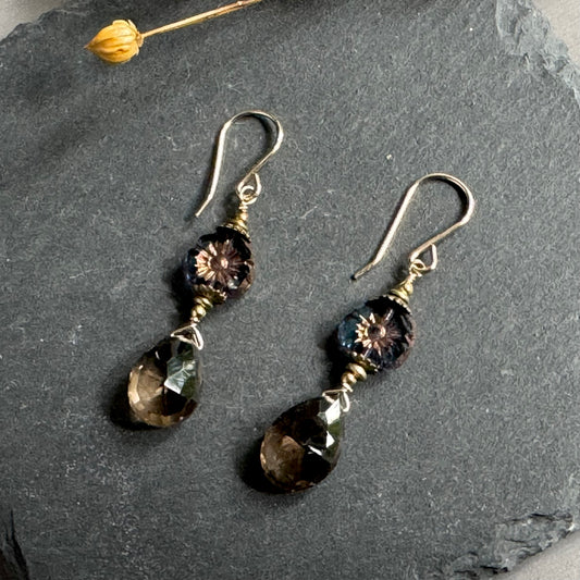 Blue Czech Glass Hibiscus and Smoky Quartz Earrings in 14K Gold Fill
