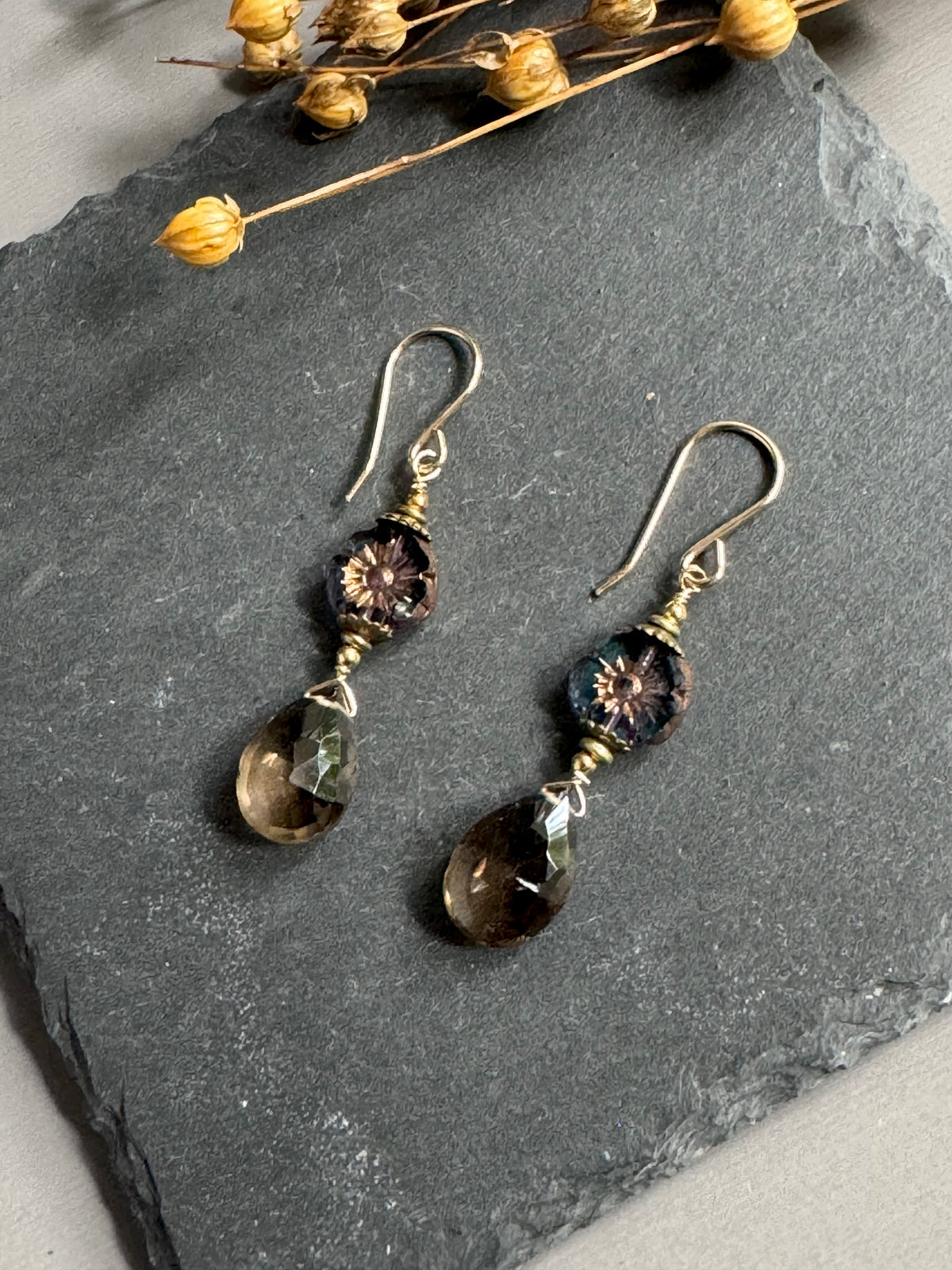 Blue Czech Glass Hibiscus and Smoky Quartz Earrings in 14K Gold Fill