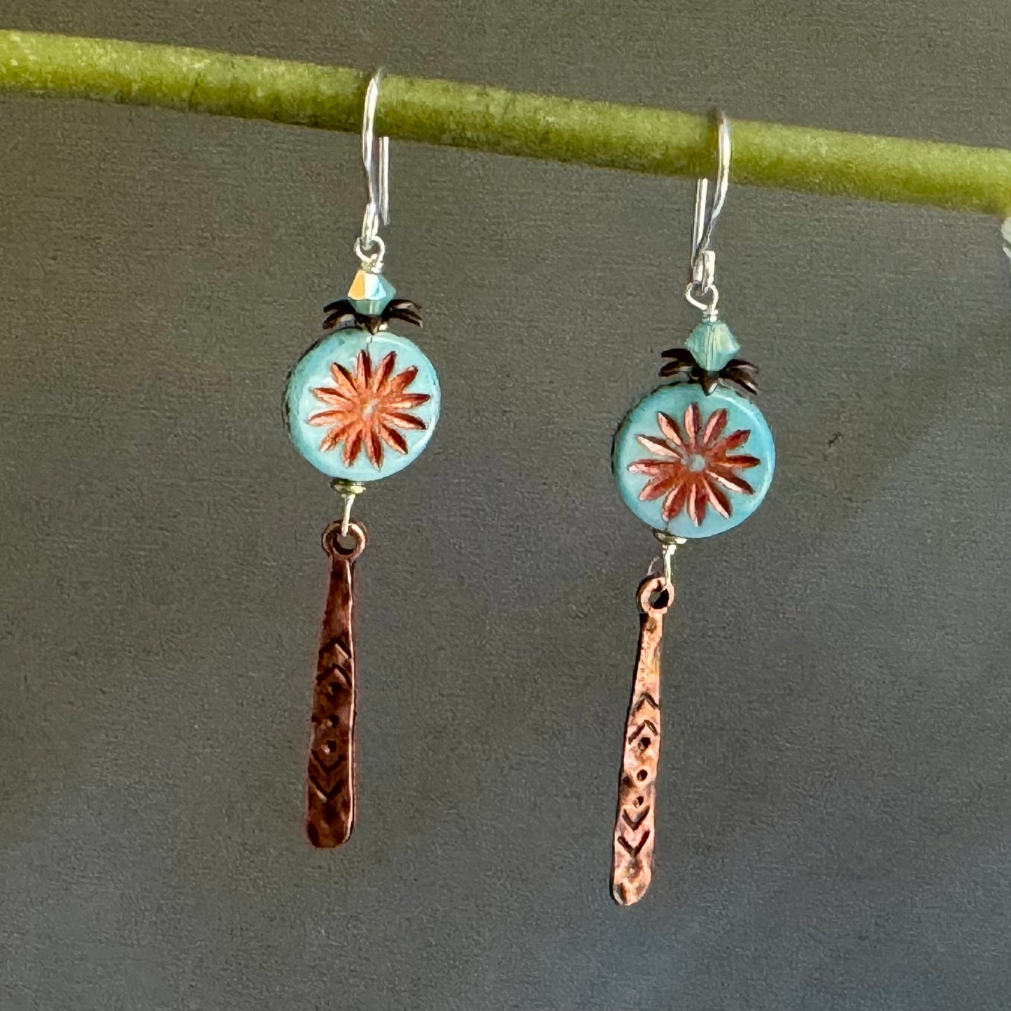 Czech Glass Blue Aster Flower Earrings in Sterling Silver