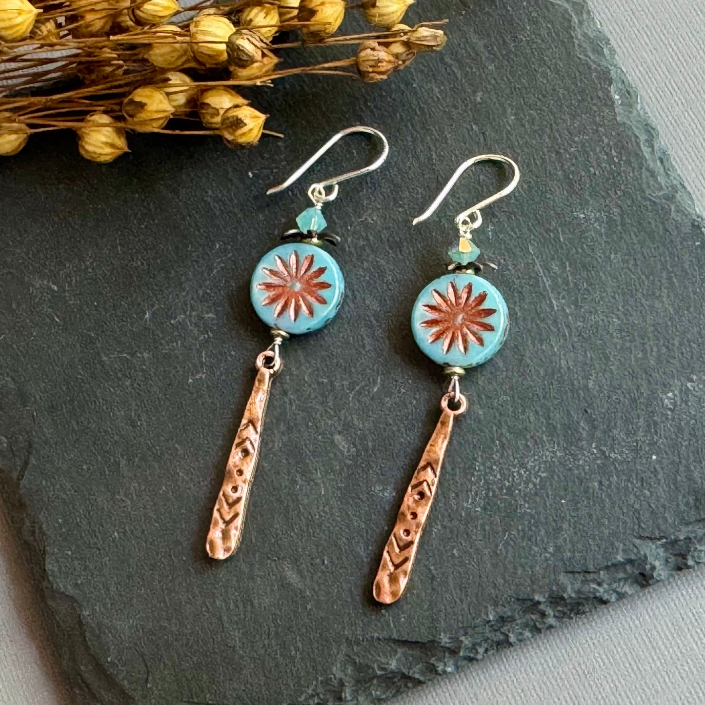 Czech Glass Blue Aster Flower Earrings in Sterling Silver