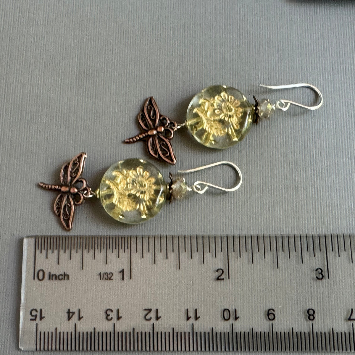 Czech Glass Gold Coin Earrings with Copper Dragonfly Motif in Sterling Silver
