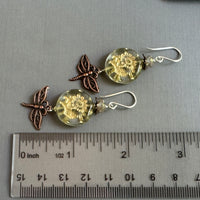 Czech Glass Gold Coin Earrings with Copper Dragonfly Motif in Sterling Silver