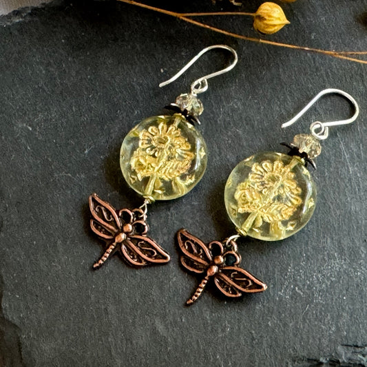 Czech Glass Gold Coin Earrings with Copper Dragonfly Motif in Sterling Silver