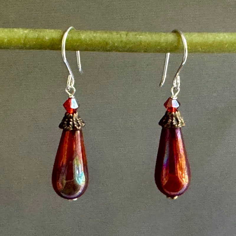 Czech Glass Dark Ruby Drops Earrings in Sterling Silver