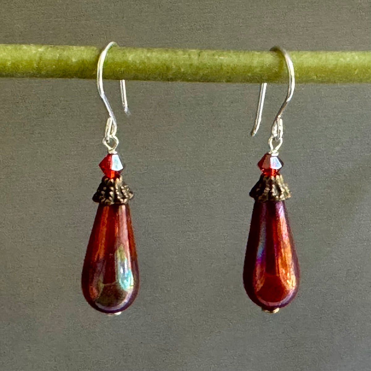 Czech Glass Ruby Red Dangle Drop Earrings in Sterling Silver