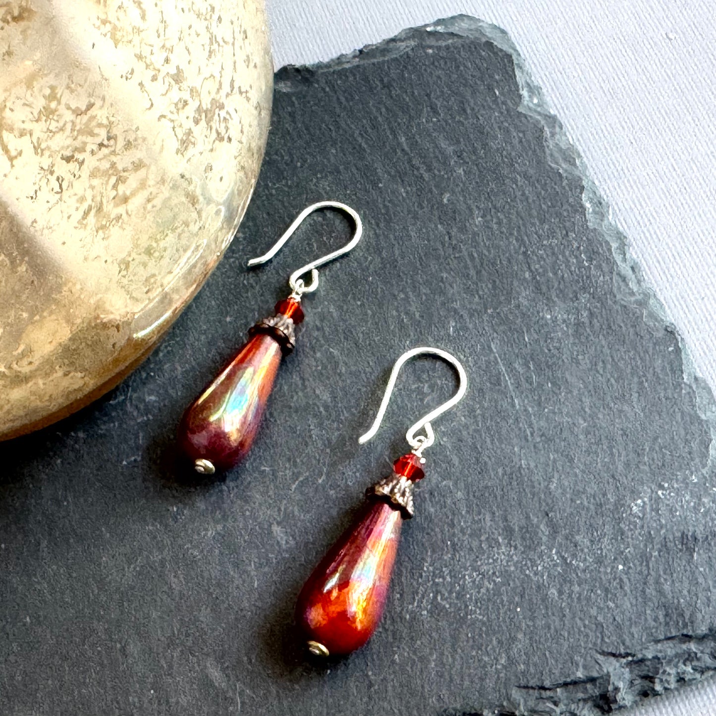 Czech Glass Ruby Red Dangle Drop Earrings in Sterling Silver