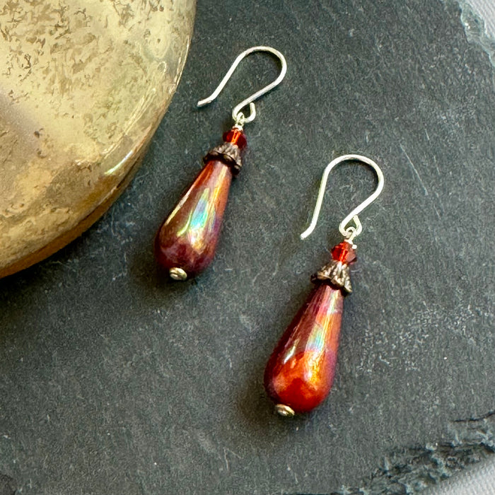 Czech Glass Dark Ruby Drops Earrings in Sterling Silver