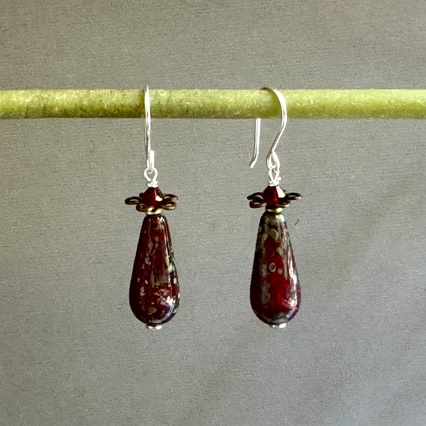 Czech Glass Dark Ruby Dangle Earrings in Sterling Silver