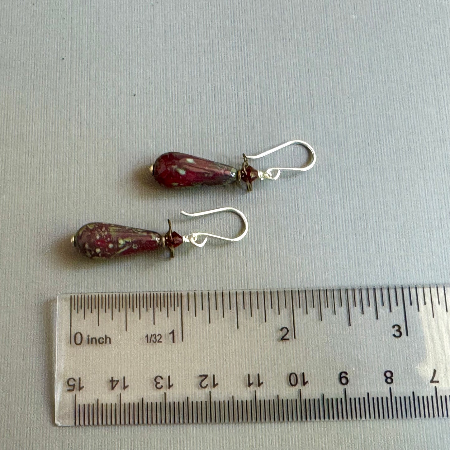 Czech Glass Dark Ruby Dangle Earrings in Sterling Silver