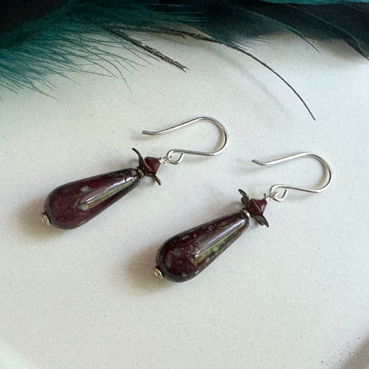 Czech Glass Dark Ruby Dangle Earrings in Sterling Silver