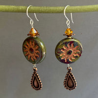 Czech Glass Red and Green Sun Motif Drop Earrings in Sterling Silver