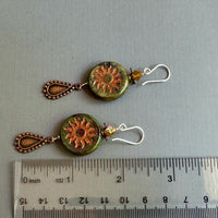 Czech Glass Red and Green Sun Motif Drop Earrings in Sterling Silver