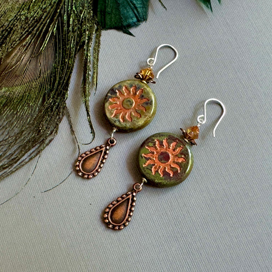 Czech Glass Red and Green Sun Motif Drop Earrings in Sterling Silver