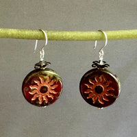Czech Glass Red and Green Sun Motif Earrings in Sterling Silver