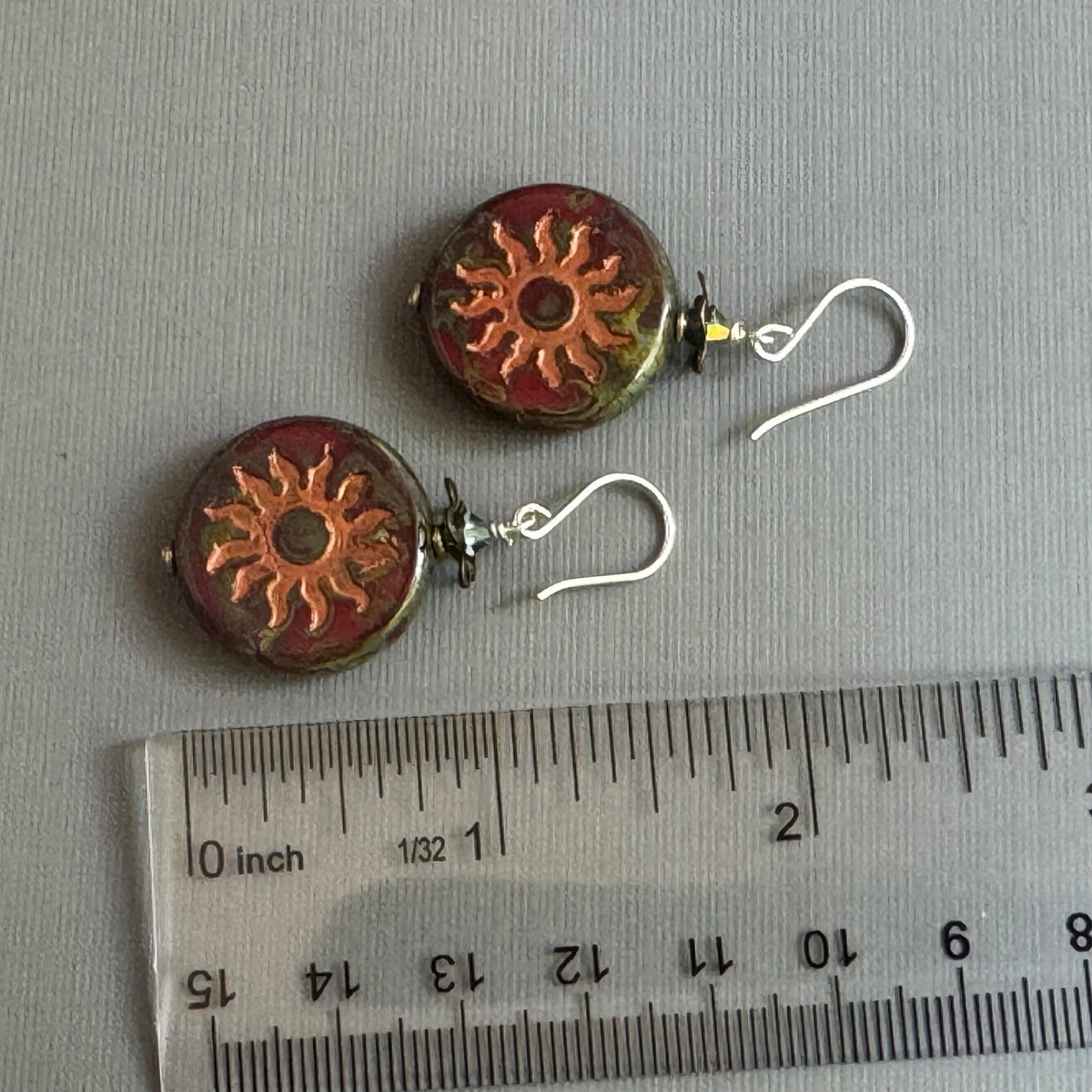 Czech Glass Red and Green Sun Motif Earrings in Sterling Silver