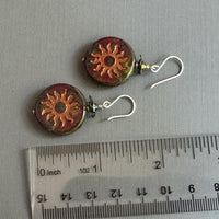 Czech Glass Red and Green Sun Motif Earrings in Sterling Silver