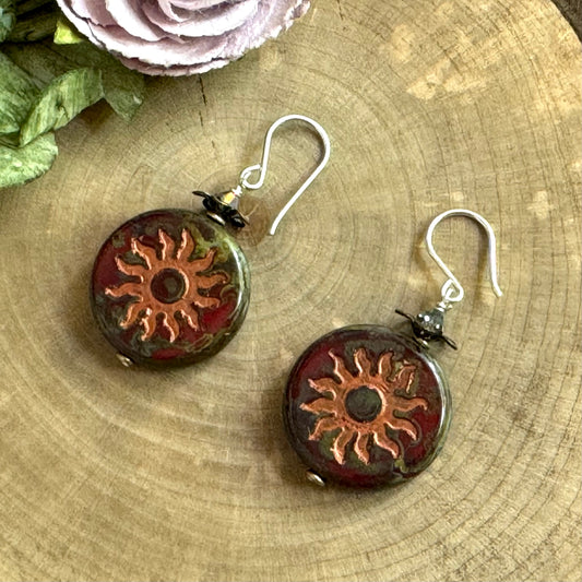 Czech Glass Red and Green Sun Motif Earrings in Sterling Silver