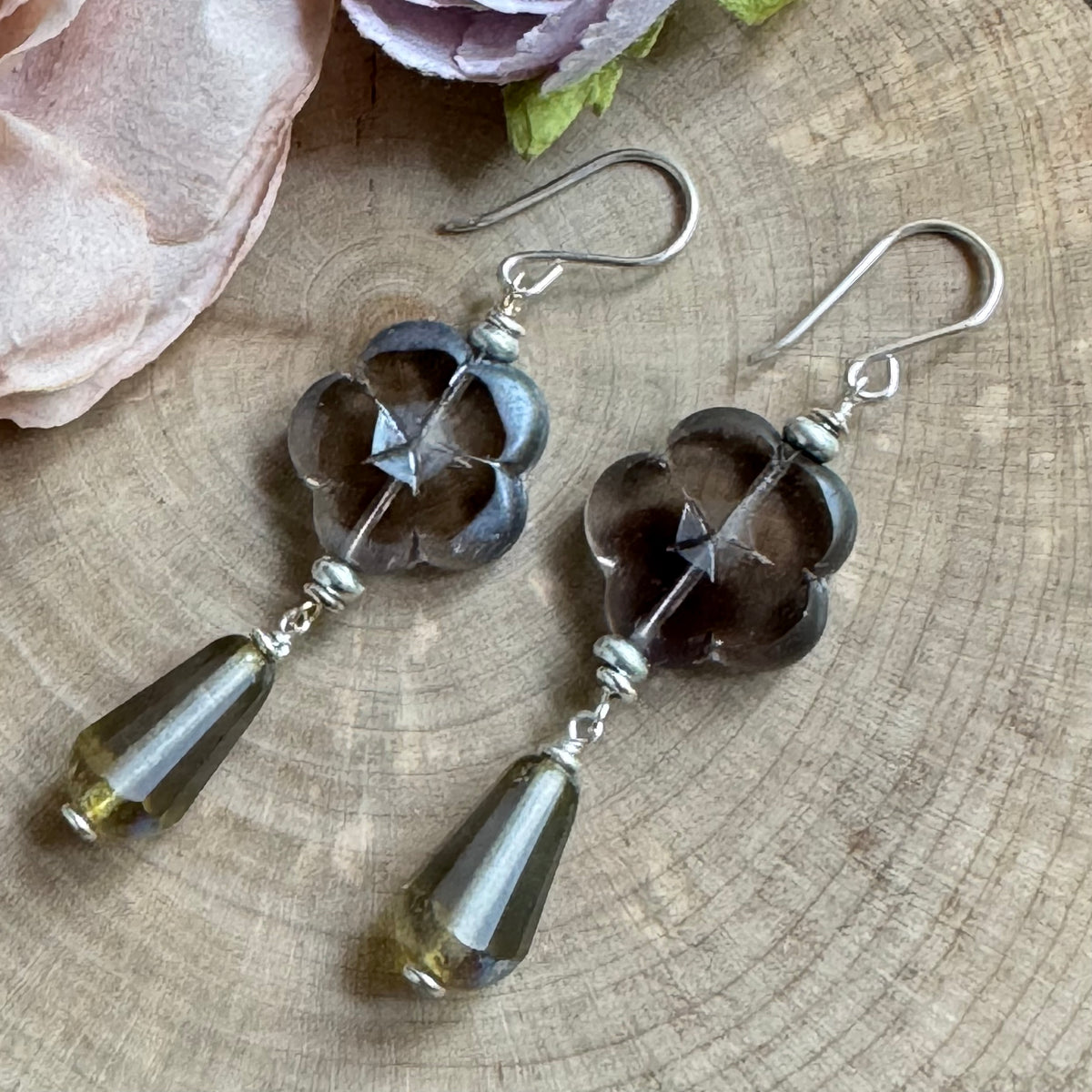 Czech Glass Smoky Gray Dangle Drop Flower Earrings in Sterling Silver