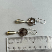 Czech Glass Smoky Gray Dangle Drop Flower Earrings in Sterling Silver