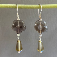 Czech Glass Smoky Gray Dangle Drop Flower Earrings in Sterling Silver